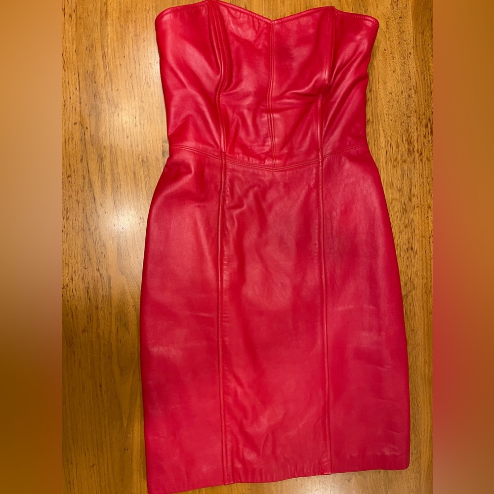 Cherry red leather lambskin strapless dress